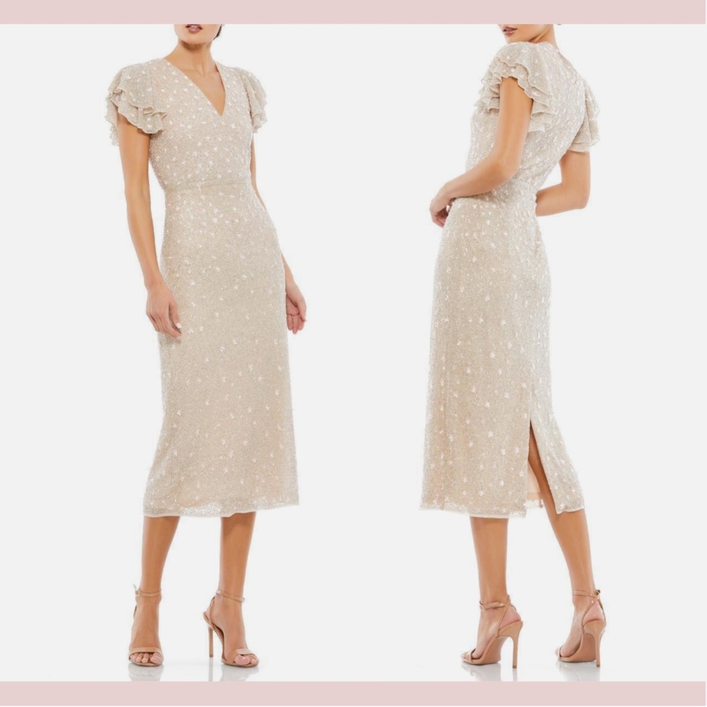 NEW $498 Mac Duggal [ 6 ] Beaded V-Neck Flutter Sleeve A-Line‎ Midi Dress